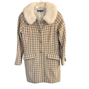Vintage Coat Tweed Faux Fur Collar Rhinestone Buttons Wool Blend Classic Sz 8